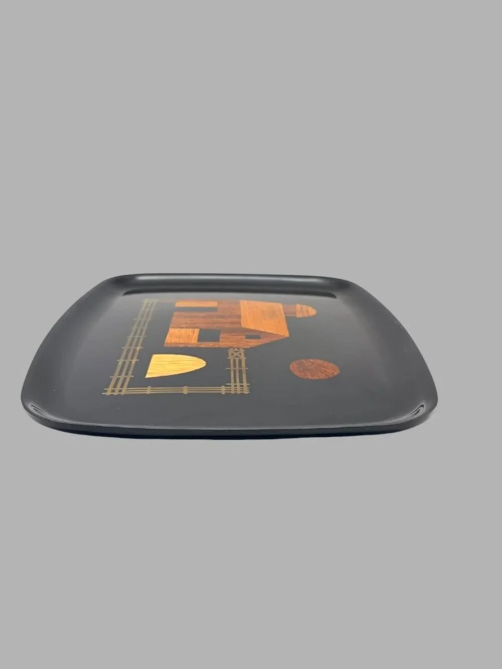 Vintage Couroc of Monterey Black Tray Wood Inlay Abstract House MCM 12.75 Inches